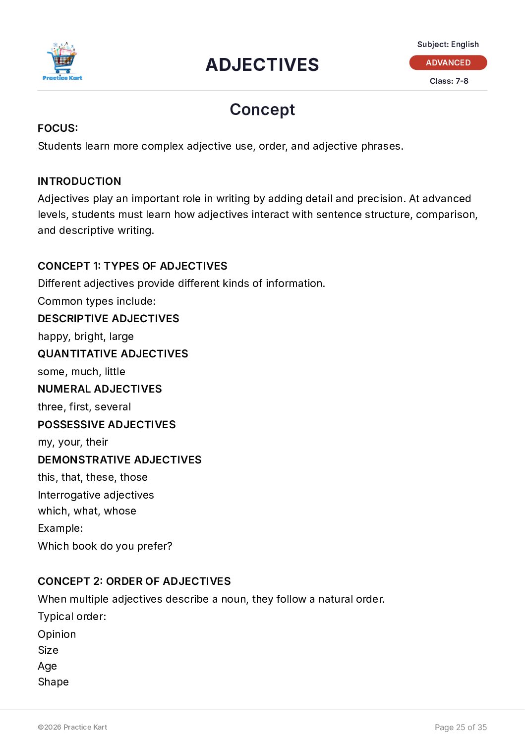 English – Adjectives – Advanced Pack