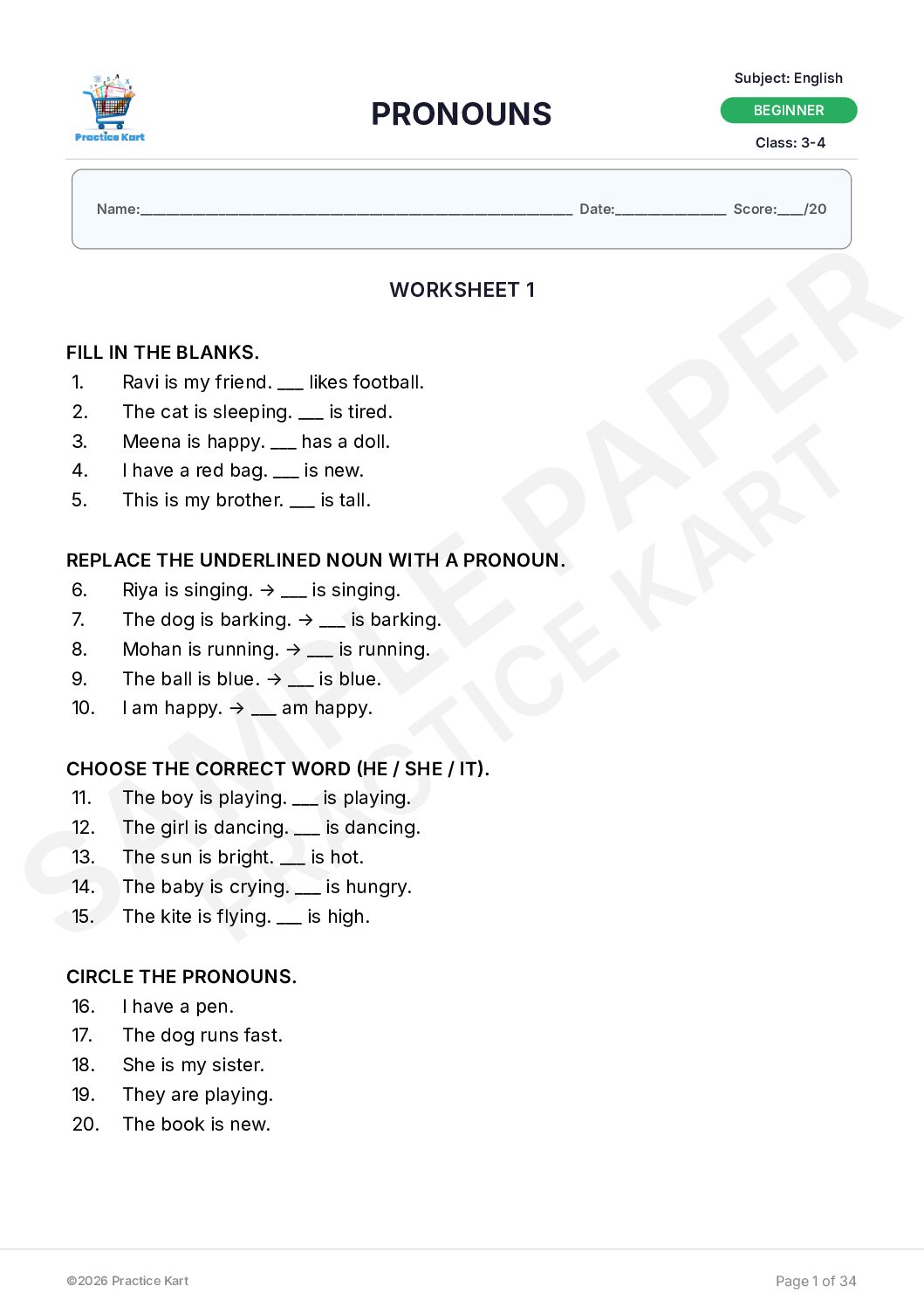 English Pronouns Free Sample